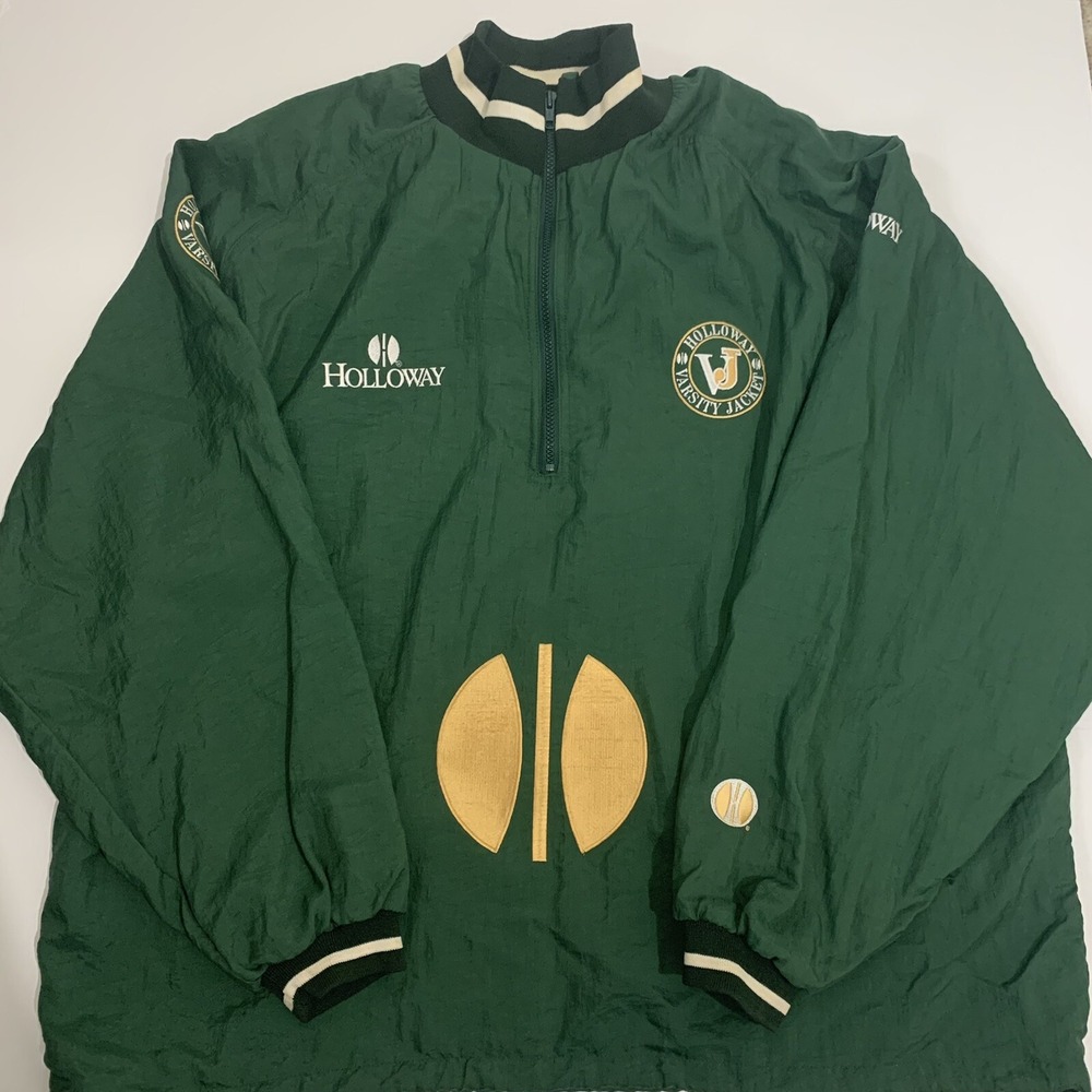Vintage Holloway Varsity Jacket Green Gold Embroidered All Over Windbreaker 2XL